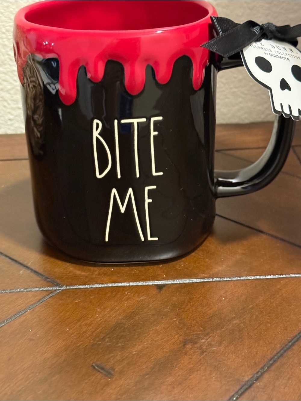 Rae Dunn Black Ceramic Mug w/ Blood 🩸 Red Interior- BITE ME- Halloween- NWT
